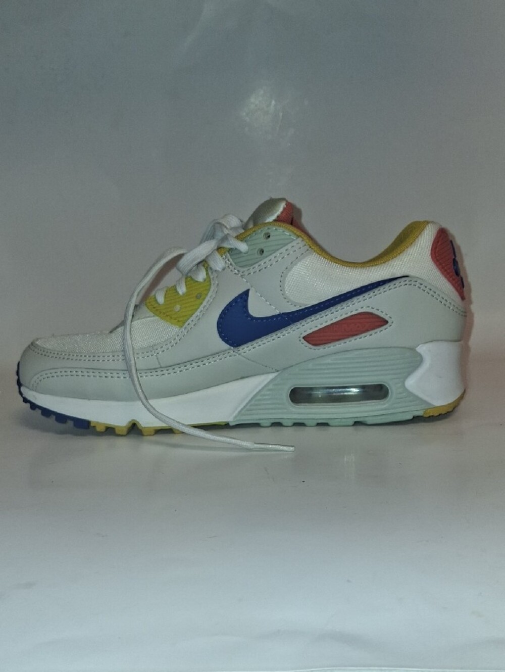Nike Air Max 90 White Athletic Sneakers with Blue Swoosh and Yellow & Coral - Picture 2 of 7